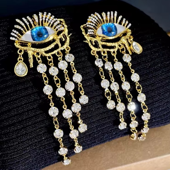 Unique blue evil Eye-Shaped Gold and Blue Statement Earrings - Picture 1 of 5